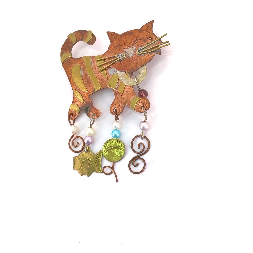 Artisan Modernist Metal Cat Pin Brooch - Picture 1 of 5